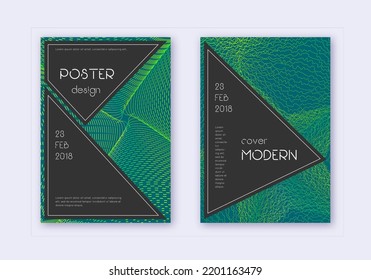 Conjunto de plantillas de diseño de cubierta negra. Líneas abstractas verdes sobre fondo oscuro. Diseño real de la cubierta. Catálogo sublime, afiche, plantilla de libro, etc.