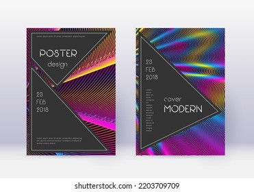 Designvorlage für die schwarze Abdeckung. Abstrakte Regenbogen-Linien auf weinrotem Hintergrund. Angenehmes Cover-Design. Ersetzter Katalog, Poster, Buchvorlage etc.