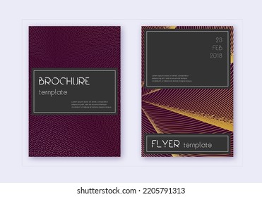Designvorlage für die schwarze Abdeckung. Goldene abstrakte Linien auf Maronhintergrund. Belebendes Cover-Design. Bezaubernder Katalog, Poster, Buchvorlage etc.