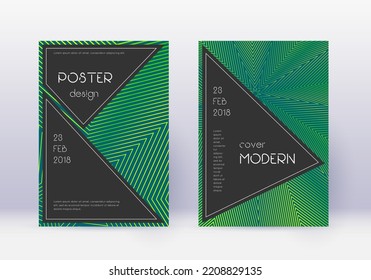 Conjunto de plantillas de diseño de cubierta negra. Líneas abstractas verdes sobre fondo oscuro. Admirable diseño de portada. Catálogo, afiche, plantilla de libro, etc.