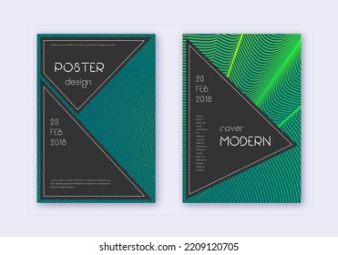 Black cover design template set. Green abstract lines on dark background. Actual cover design. Wondrous catalog, poster, book template etc.
