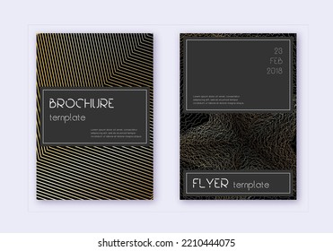 Black cover design template set. Gold abstract lines on black background. Alive cover design. Stunning catalog, poster, book template etc.