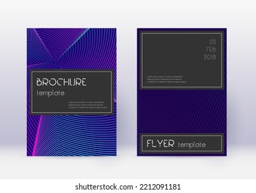 Black cover design template set. Neon abstract lines on dark blue background. Amazing cover design. Adorable catalog, poster, book template etc.