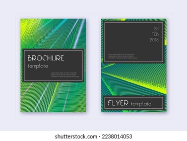 Black cover design template set. Green abstract lines on dark background. Alluring cover design. Likable catalog, poster, book template etc.