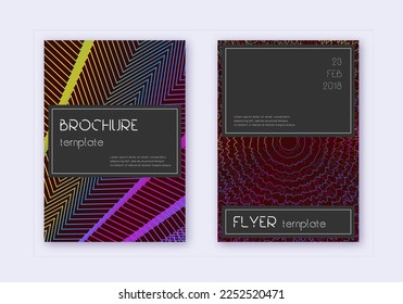 Black cover design template set. Rainbow abstract lines on wine red background. Amazing cover design. Shapely catalog, poster, book template etc.