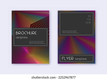 Black cover design template set. Rainbow abstract lines on wine red background. Amazing cover design. Superb catalog, poster, book template etc.