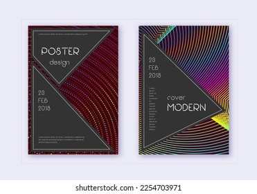 Black cover design template set. Rainbow abstract lines on wine red background. Adorable cover design. Interesting catalog, poster, book template etc.