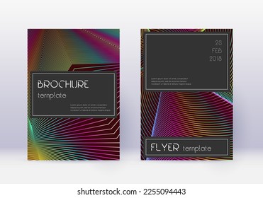 Black cover design template set. Rainbow abstract lines on wine red background. Amazing cover design. Remarkable catalog, poster, book template etc.