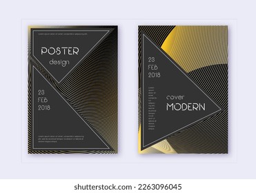 Black cover design template set. Gold abstract lines on black background. Actual cover design. Astonishing catalog, poster, book template etc.