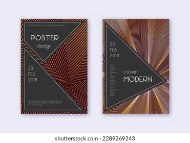 Black cover design template set. Gold abstract lines on maroon background. Actual cover design. Fascinating catalog, poster, book template etc.