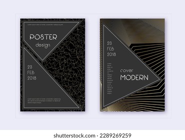 Black cover design template set. Gold abstract lines on black background. Actual cover design. Exquisite catalog, poster, book template etc.