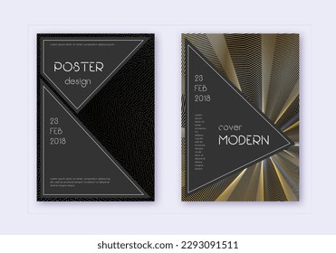 Black cover design template set. Gold abstract lines on black background. Actual cover design. Enchanting catalog, poster, book template etc.