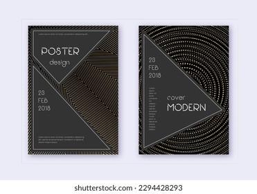 Black cover design template set. Gold abstract lines on black background. Actual cover design. Extraordinary catalog, poster, book template etc.