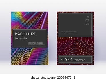 Conjunto de plantillas de diseño de cubierta negra. Líneas abstractas del arcoiris sobre fondo rojo del vino. Increíble diseño de portada. Catálogo sublime, afiche, plantilla de libro, etc.