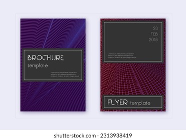Designvorlage für die schwarze Abdeckung. Abstrakte violette Linien auf dunklem Hintergrund. Atemberaubendes Cover-Design. Mögliche Katalog, Poster, Buchvorlage etc.