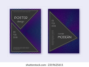 Black cover design template set. Neon abstract lines on dark blue background. Admirable cover design. Decent catalog, poster, book template etc.