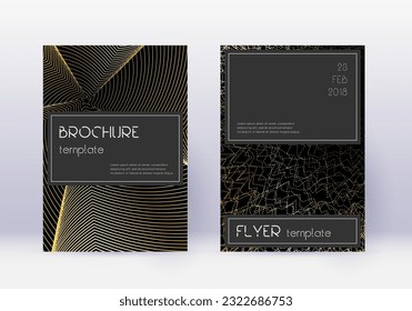 Conjunto de plantillas de diseño de cubierta negra. Líneas abstractas de oro sobre fondo negro. Diseño de cubierta viva. Catálogo perfecto, afiche, plantilla de libro, etc.
