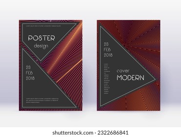 Black cover design template set. Orange abstract lines on wine red background. Admirable cover design. Majestic catalog, poster, book template etc.