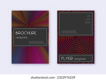 Black cover design template set. Rainbow abstract lines on wine red background. Adorable cover design. Symmetrical catalog, poster, book template etc.