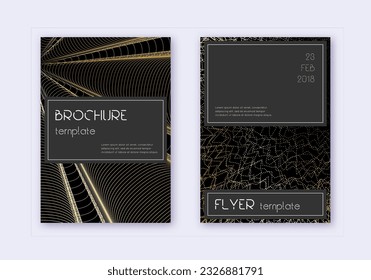 Black cover design template set. Gold abstract lines on black background. Alive cover design. Pretty catalog, poster, book template etc.