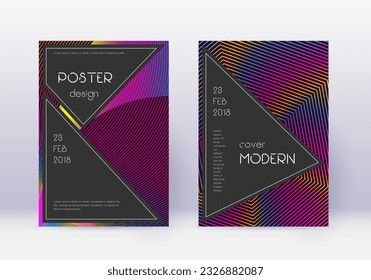 Designvorlage für die schwarze Abdeckung. Abstrakte Regenbogen-Linien auf weinrotem Hintergrund. Angenehmes Cover-Design. Publikumskatalog, Poster, Buchvorlage etc.
