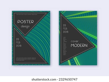 Black cover design template set. Green abstract lines on dark background. Admirable cover design. Alive catalog, poster, book template etc.