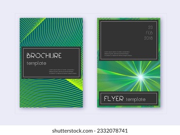 Black cover design template set. Green abstract lines on dark background. Alluring cover design. Positive catalog, poster, book template etc.