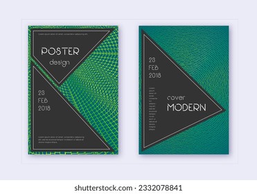 Black cover design template set. Green abstract lines on dark background. Actual cover design. Tempting catalog, poster, book template etc.