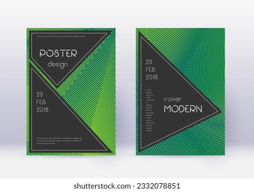 Black cover design template set. Green abstract lines on dark background. Actual cover design. Shapely catalog, poster, book template etc.