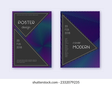 Black cover design template set. Neon abstract lines on dark blue background. Admirable cover design. Indelible catalog, poster, book template etc.
