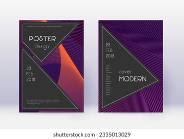 Conjunto de plantillas de diseño de cubierta negra. Líneas abstractas violetas sobre fondo oscuro. Diseño de cubierta viva. Magnífico catálogo, afiche, plantilla de libro, etc.
