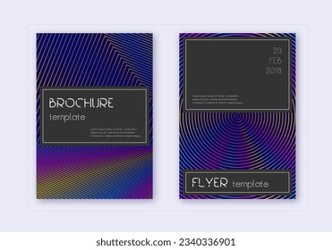 Conjunto de plantillas de diseño de cubierta negra. Líneas abstractas del arcoiris sobre fondo azul oscuro. Increíble diseño de portada. Catálogo popular, afiche, plantilla de libro, etc.