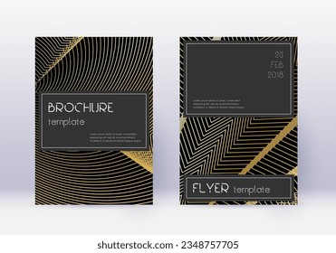 Black cover design template set. Gold abstract lines on black background. Alive cover design. Terrific catalog, poster, book template etc.
