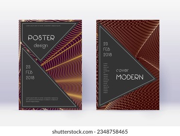 Black cover design template set. Gold abstract lines on maroon background. Actual cover design. Indelible catalog, poster, book template etc.