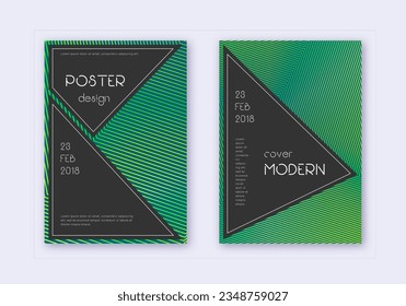 Black cover design template set. Green abstract lines on dark background. Actual cover design. Trending catalog, poster, book template etc.