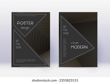 Black cover design template set. Gold abstract lines on black background. Actual cover design. Alive catalog, poster, book template etc.