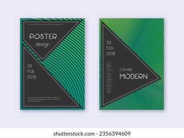 Black cover design template set. Green abstract lines on dark background. Admirable cover design. Breathtaking catalog, poster, book template etc.