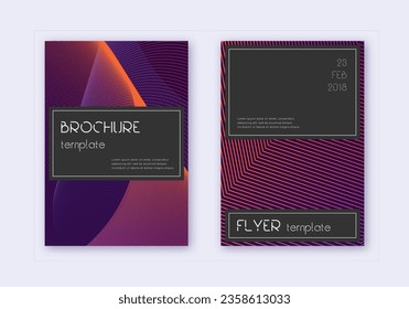 Conjunto de plantillas de diseño de cubierta negra. Líneas abstractas violetas sobre fondo oscuro. Divertido diseño de portada. Catálogo de tendencias, afiche, plantilla de libros, etc.