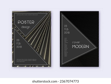 Black cover design template set. Gold abstract lines on black background. Actual cover design. Delicate catalog, poster, book template etc.