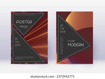 Black cover design template set. Orange abstract lines on wine red background. Admirable cover design. Neat catalog, poster, book template etc.