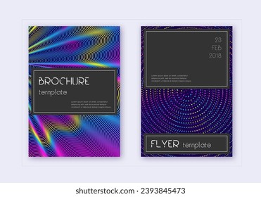 Black cover design template set. Rainbow abstract lines on dark blue background. Amazing cover design. Indelible catalog, poster, book template etc.