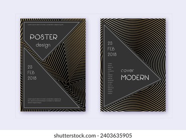 Black cover design template set. Gold abstract lines on black background. Actual cover design. Adorable catalog, poster, book template etc.