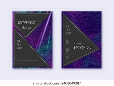 Black cover design template set. Neon abstract lines on dark blue background. Admirable cover design. Dazzling catalog, poster, book template etc.