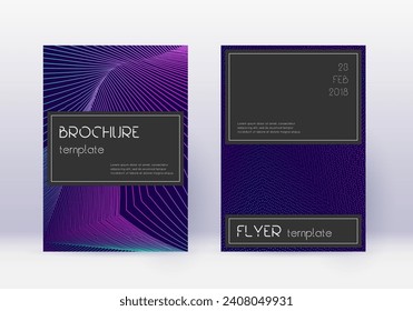 Black cover design template set. Neon abstract lines on dark blue background. Amazing cover design. Curious catalog, poster, book template etc.