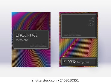 Black cover design template set. Rainbow abstract lines on wine red background. Amazing cover design. Unusual catalog, poster, book template etc.