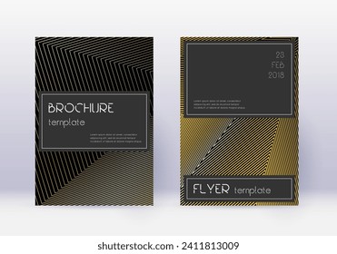 Black cover design template set. Gold abstract lines on black background. Alluring cover design. Amazing catalog, poster, book template etc.