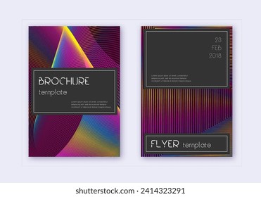 Black cover design template set. Rainbow abstract lines on wine red background. Amazing cover design. Splendid catalog, poster, book template etc.