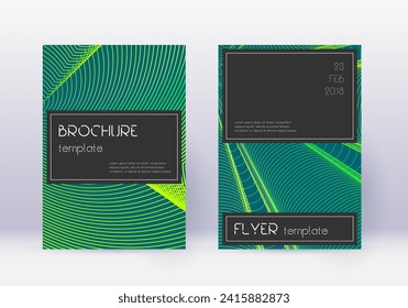 Black cover design template set. Green abstract lines on dark background. Alluring cover design. Good-looking catalog, poster, book template etc.