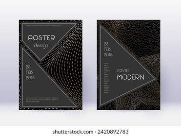 Black cover design template set. Gold abstract lines on black background. Actual cover design. Captivating catalog, poster, book template etc.