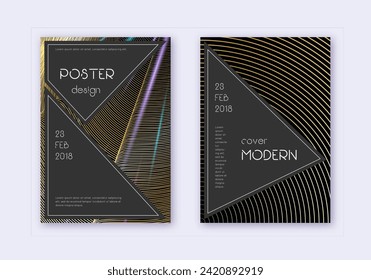 Black cover design template set. Gold abstract lines on black background. Actual cover design. Exotic catalog, poster, book template etc.